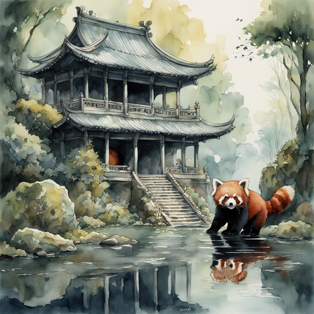 Red Panda Swims in Ruin, Japanese Ink Wash Style