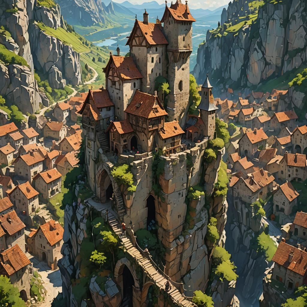 Boy Climbing Medieval Tower in Mountain Village