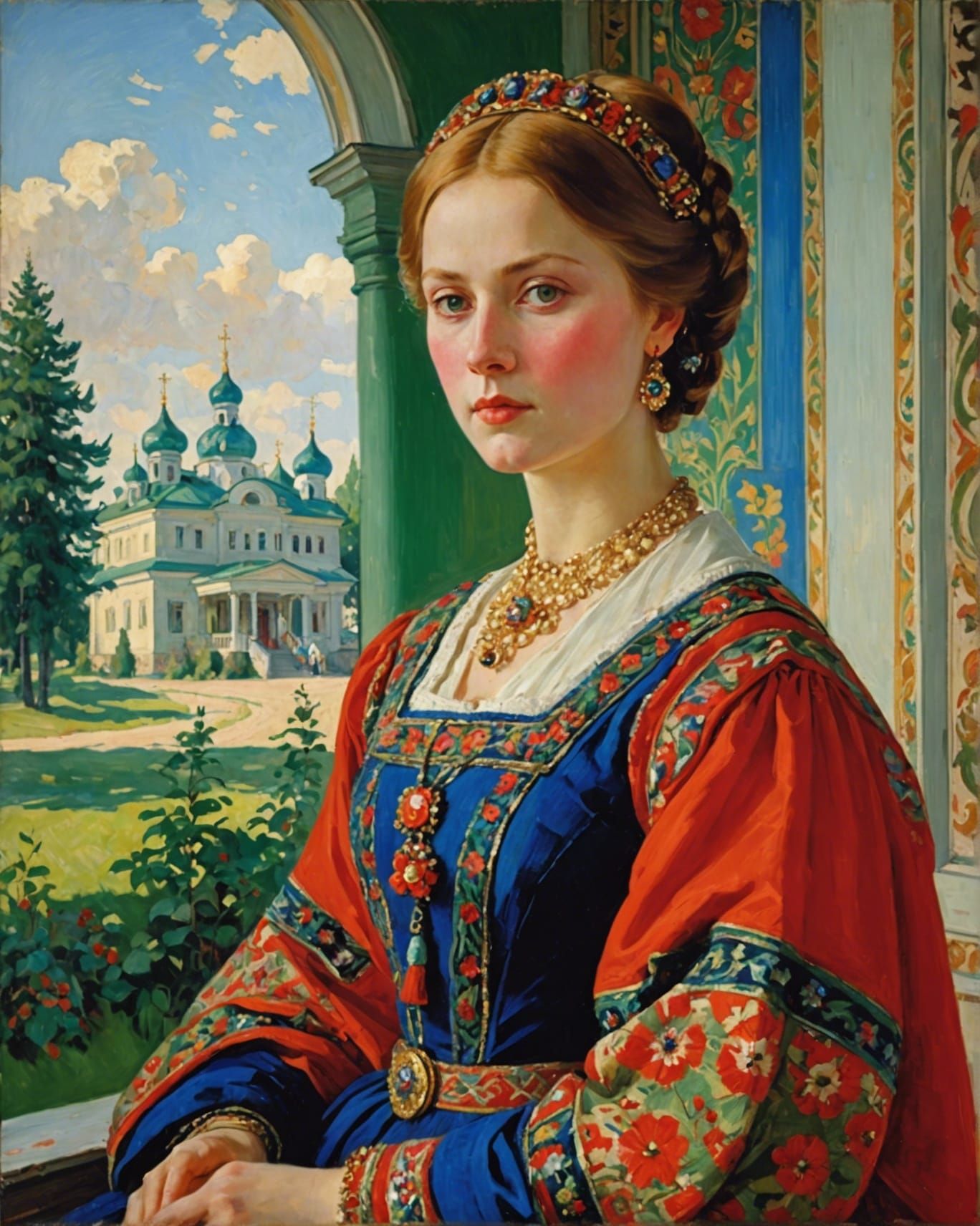 Russian Folk Costume Portrait in Expressionist Style