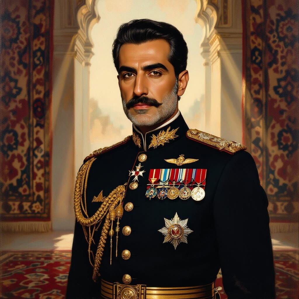 Regal Portrait of Mohammad Reza Shah Pahlavi in Oil Painting...