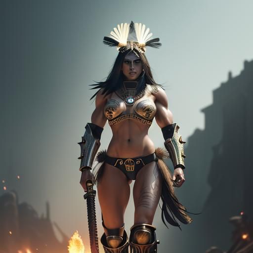 Aztec Warrior Woman with Flaming Sword in Cyberpunk Style
