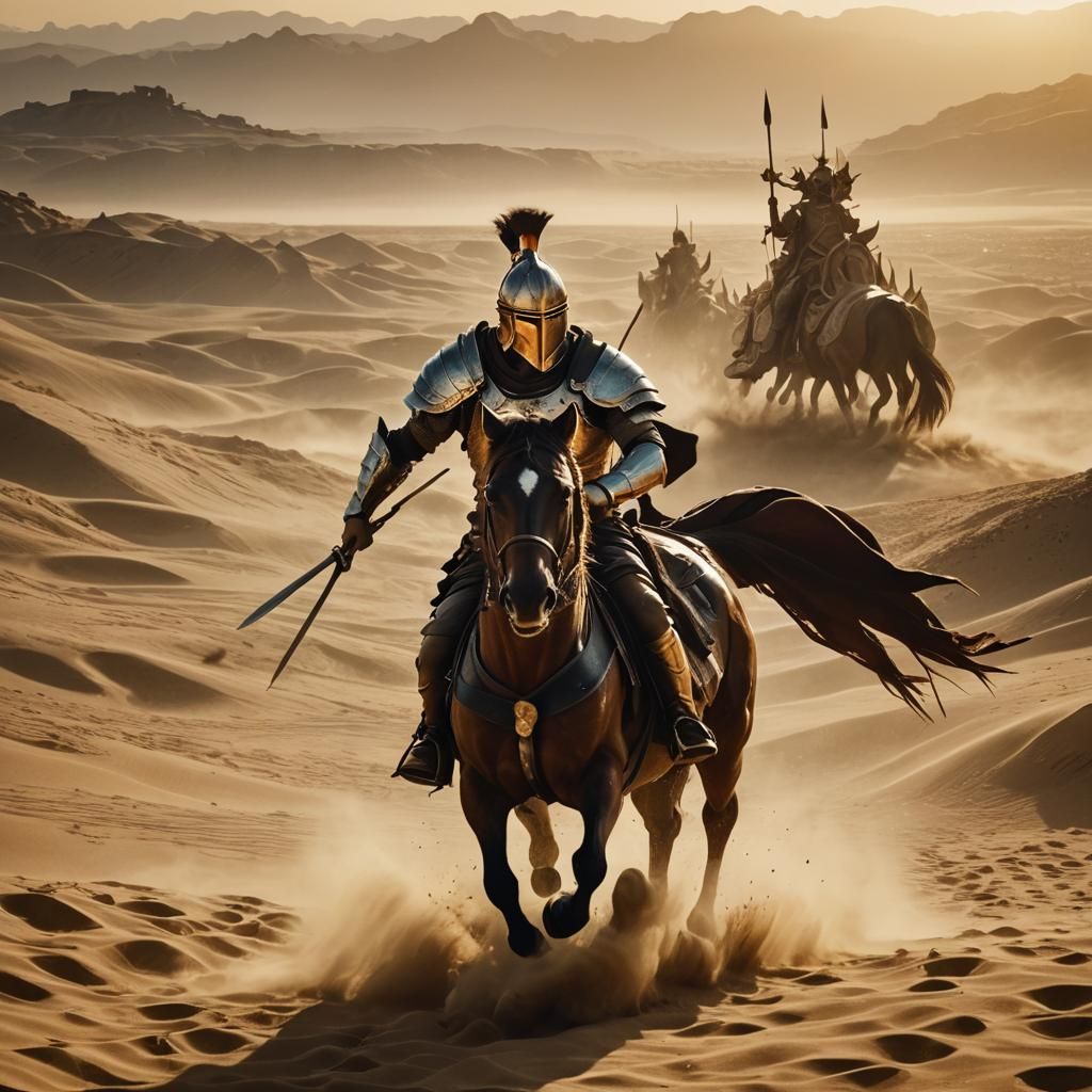 Gladiator on Horseback in Golden Desert Sunset