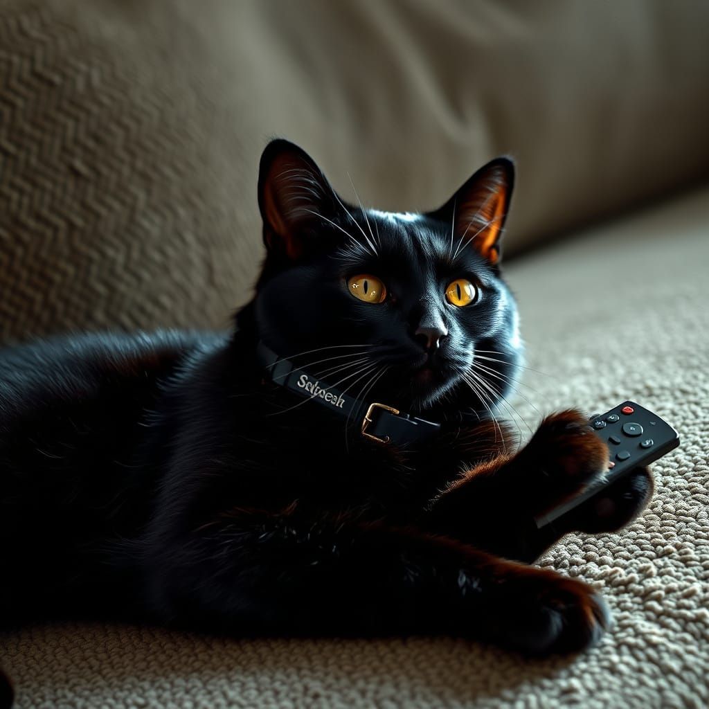 Black Cat Relaxing with Remote, Photorealistic Style