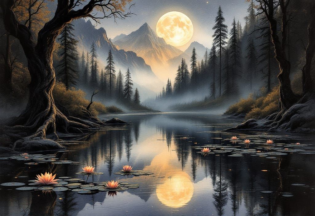 Ethereal Ink Drawing of Misty Mountain Forest at Night