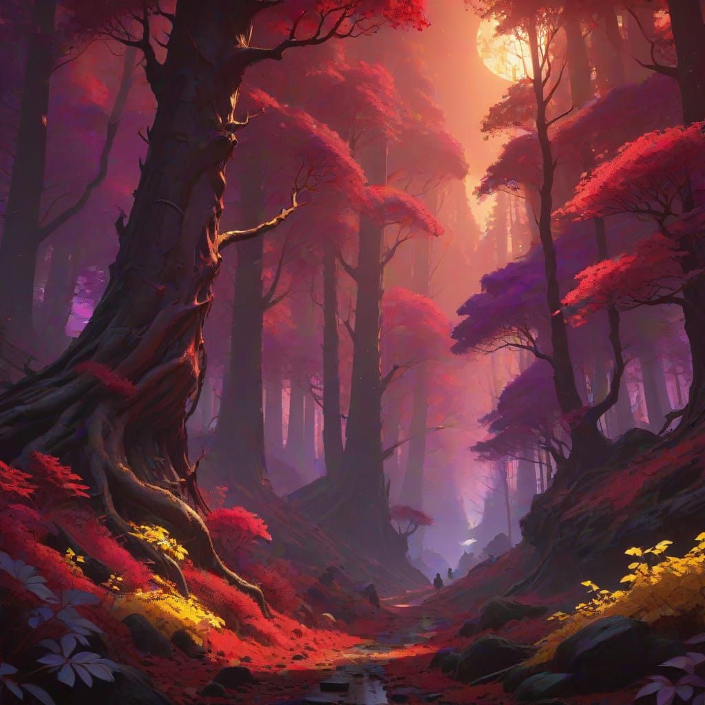 Hyperdetailed Red Forest: Dark Fantasy Concept Art