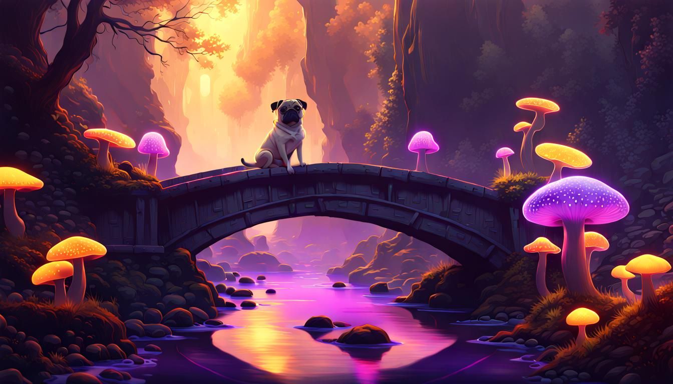 Pug's Dark Fantasy Mushroom Bridge in 8k