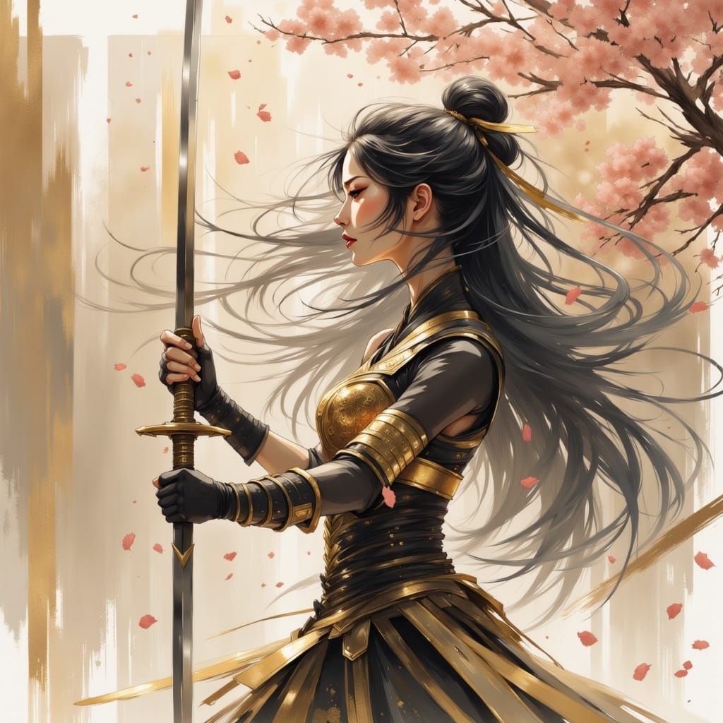 Samurai Woman with Katana in Cherry Blossoms
