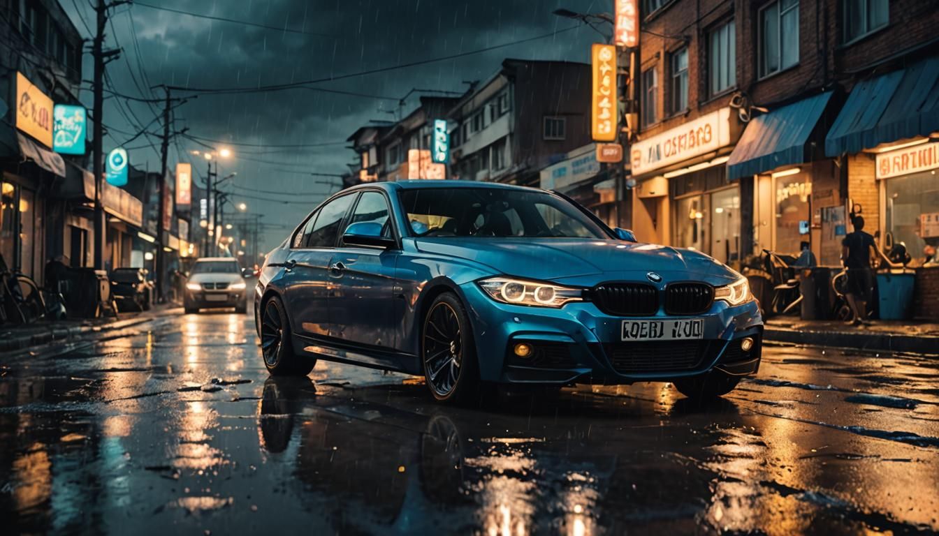 Cyberpunk BMW 318i in Dystopian Cityscape