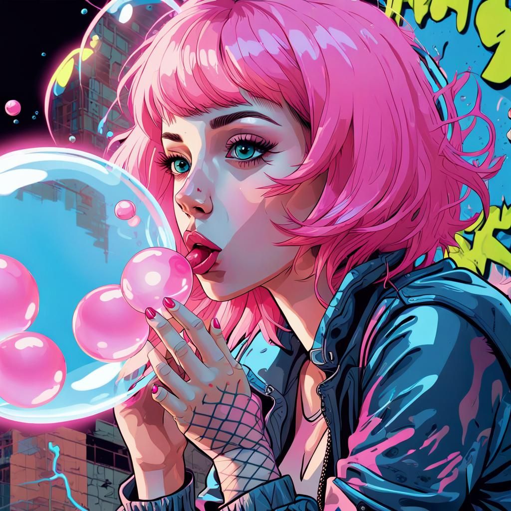 Neon Pop Art of Edgy Girl Blowing Pink Bubble