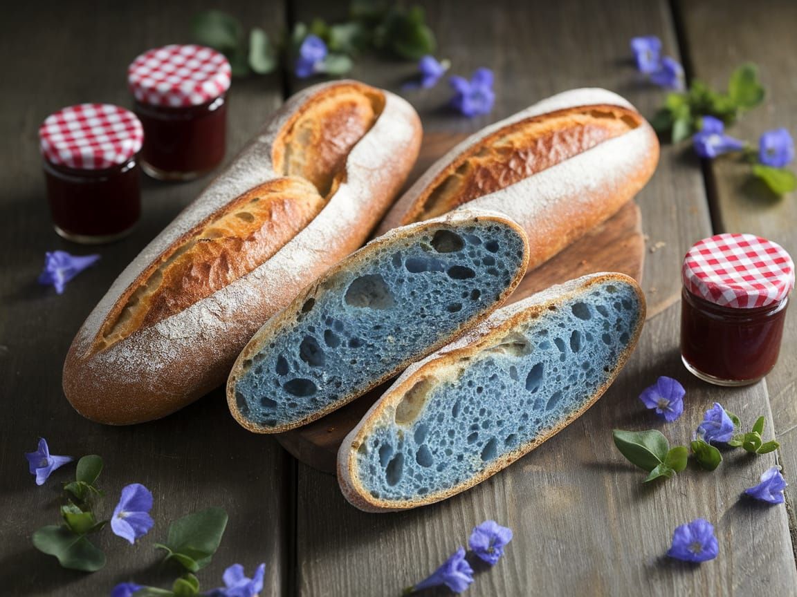 Surreal Blue Baguettes on Rustic Wooden Table