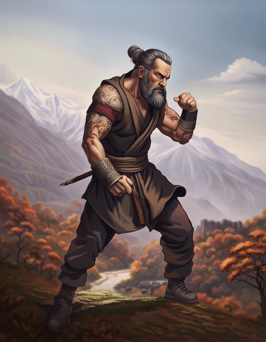 Angry Monk in Mountain Valley: Hyperrealistic Detail