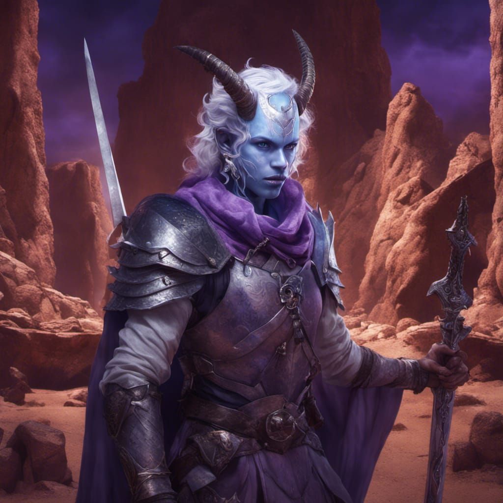 Tiefling Fighter in Desert, Fantasy Concept Art