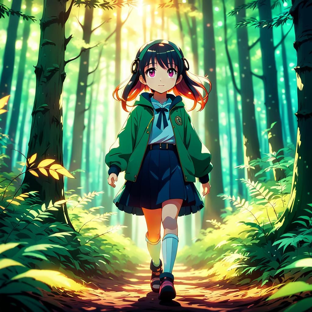 Anime Girl Walks in Forest with Cel-Shaded Effect