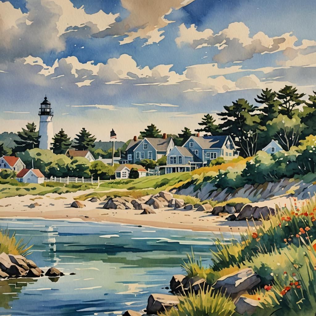 Cape Cod Gouache Painting in Impressionist Style