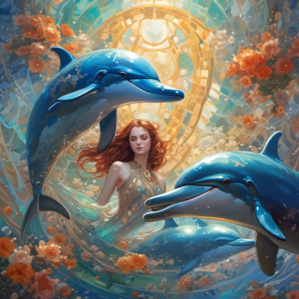 Mosaic Dolphin Portrait in Art Nouveau Style