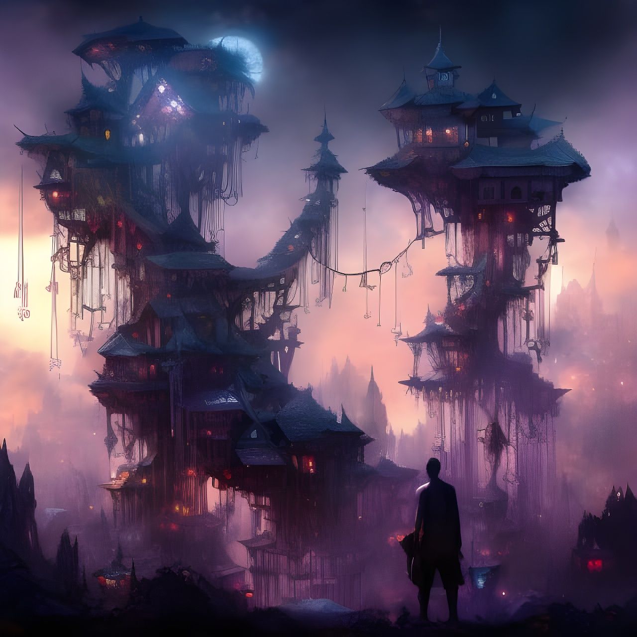 Clockpunk Crystal Village at Night: Titanium Bonsai