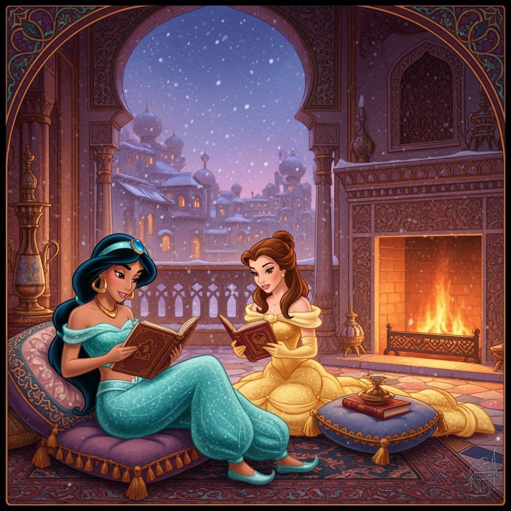 Jasmine and Belle Reading by Fireplace in Winter Palace