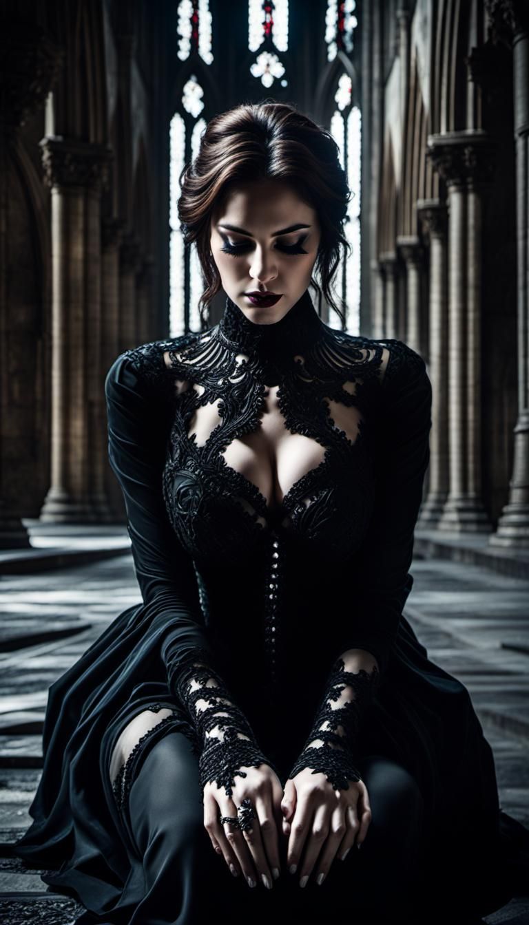 Woman Praying in Gothic Cathedral: Cinematic Dark Fantasy