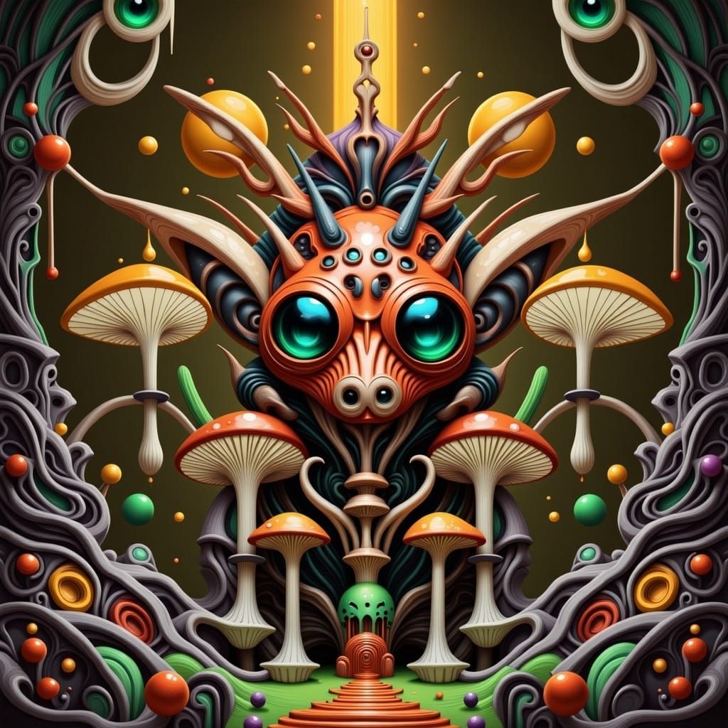 Luminous Ladybug Alien Amidst Eerie, Whimsical Landscape