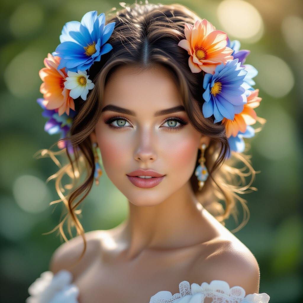 a beautiful lady with vivid, translucent flowers and flowing petals in shades of blue, orange, and purple in her hair. E...