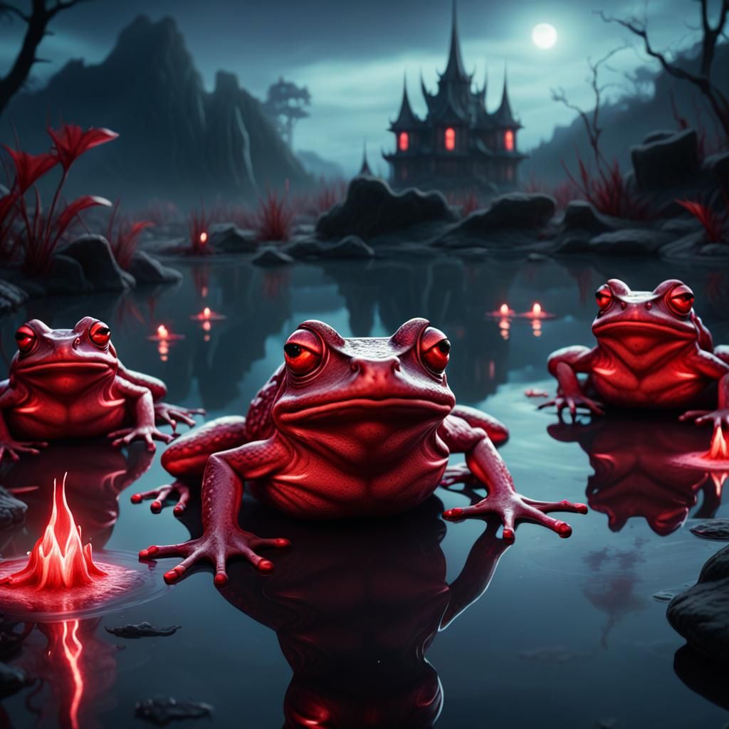 Bioluminescent Demonic Frogs on a Lake