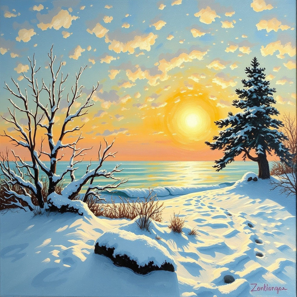 Snowy Coastal Sunset in Impressionist Style
