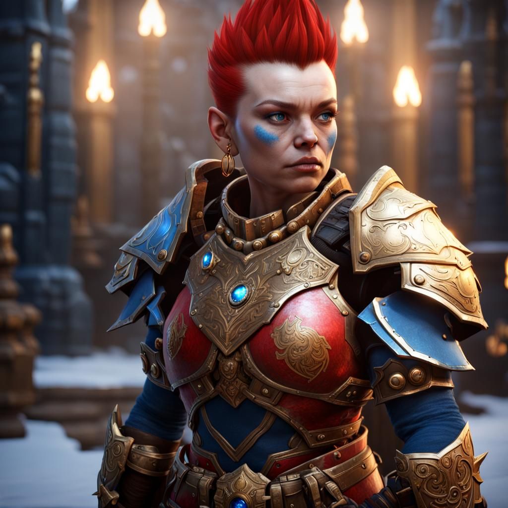 Female Dwarf Paladin with Great Hammer in Gold Armor