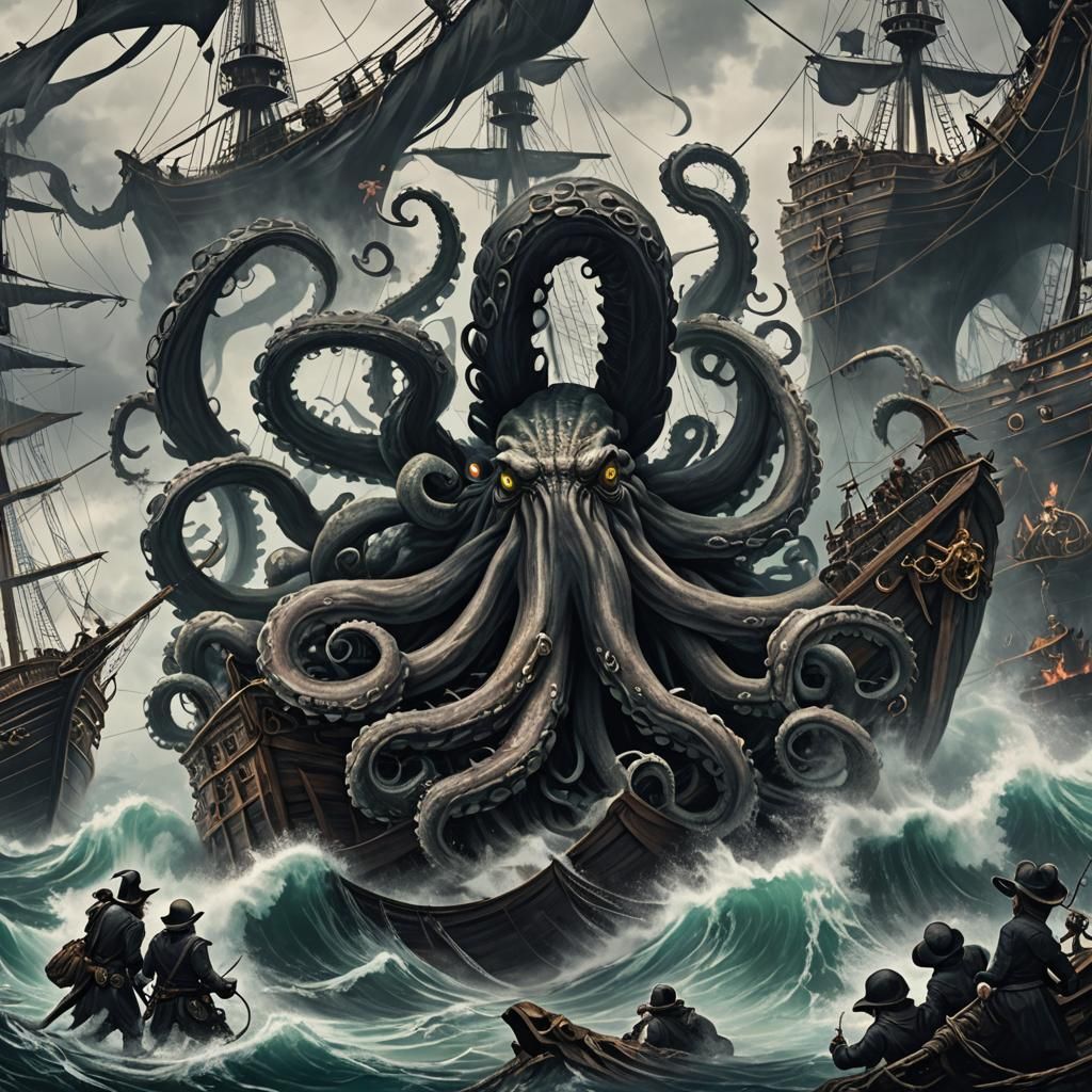 Kraken Attacks Pirate Ship in Stormy Seas