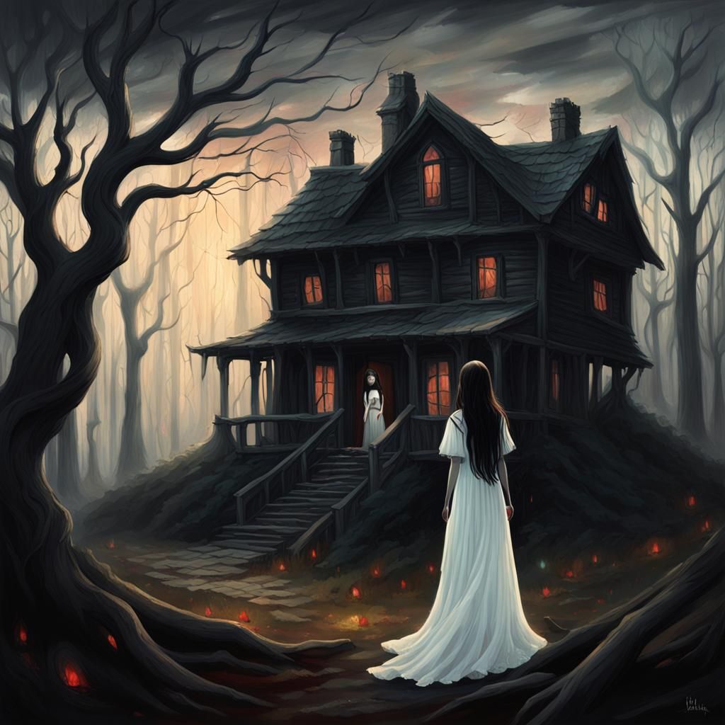 Dark Fantasy Girl in Ominous Forest Painting