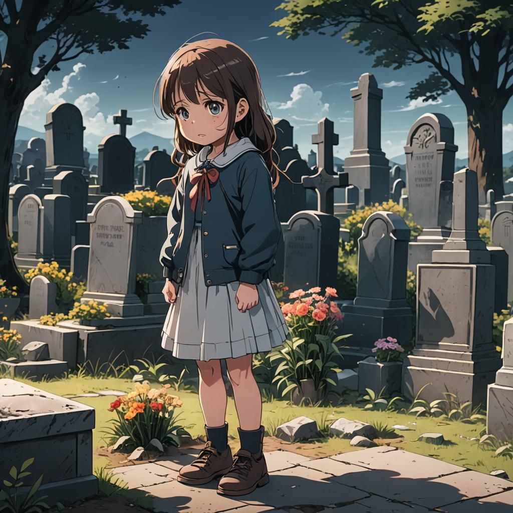 Anime Girl Crying at Mother's Grave
