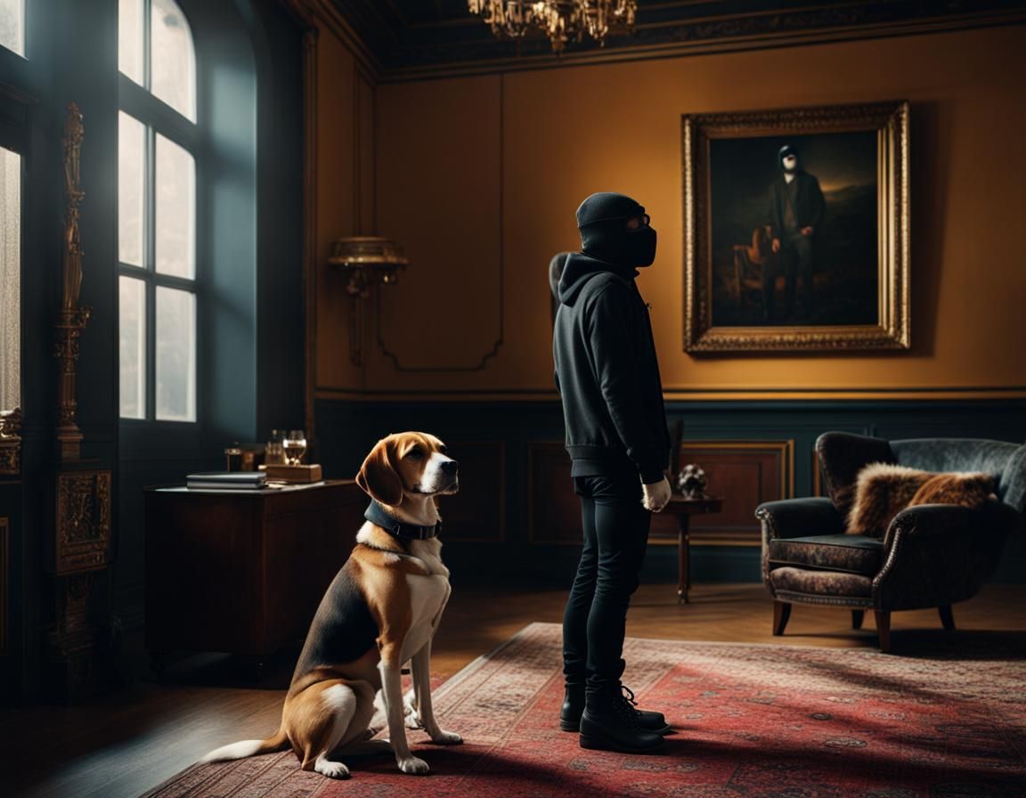 One beagle dog beside a young man with a black ski mask, inside a room without windows and furniture, empty, Epic cinem...
