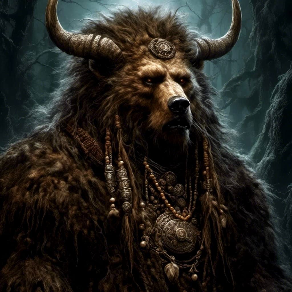 Dark Fantasy Werebear Shaman in Realism Style