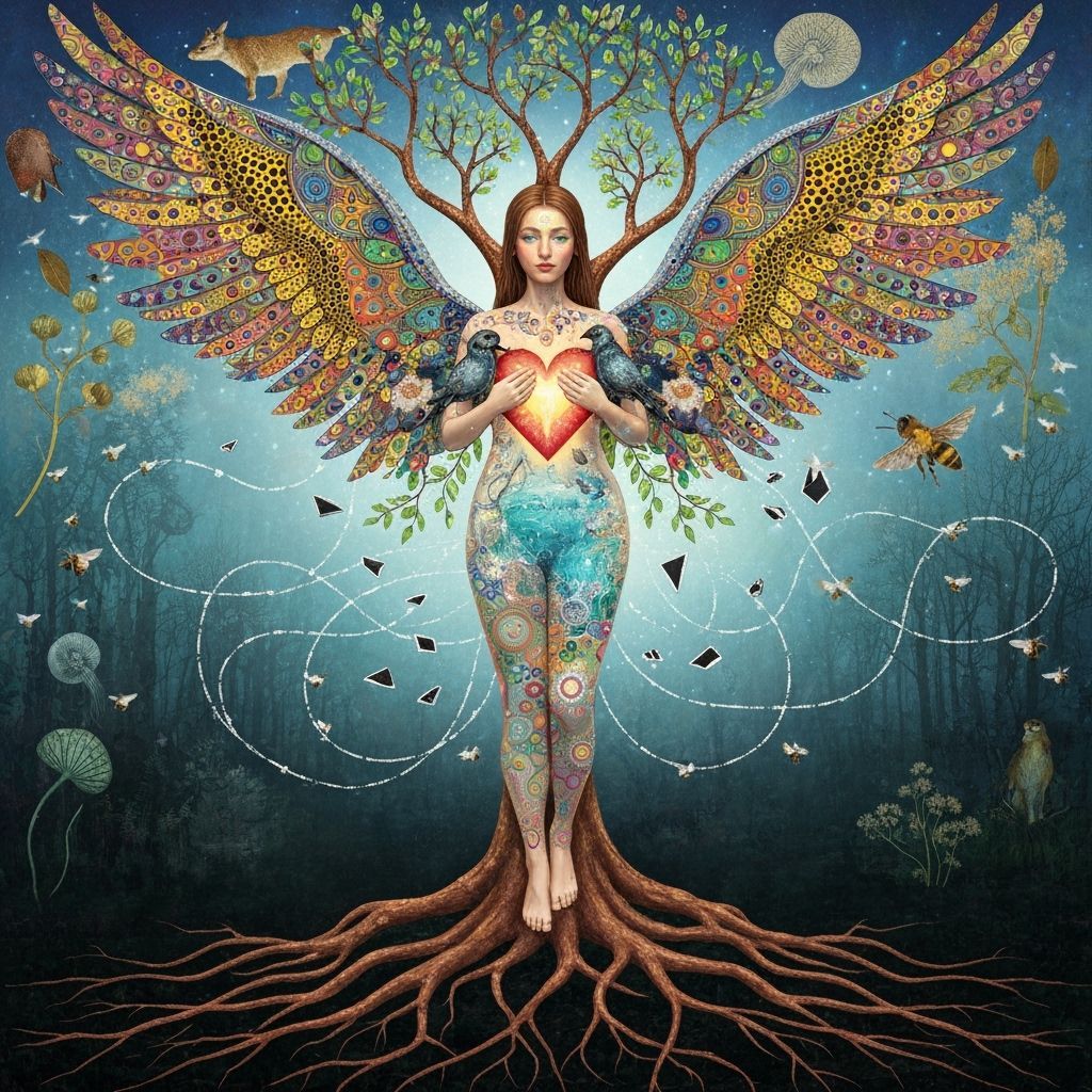 Surreal Sculpture of a Woman with Iridescent Wings in a Dark...