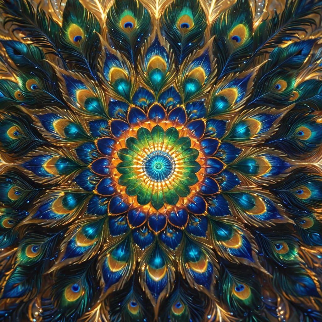 Iridescent Peacock Feather Mandala in Oil Painting