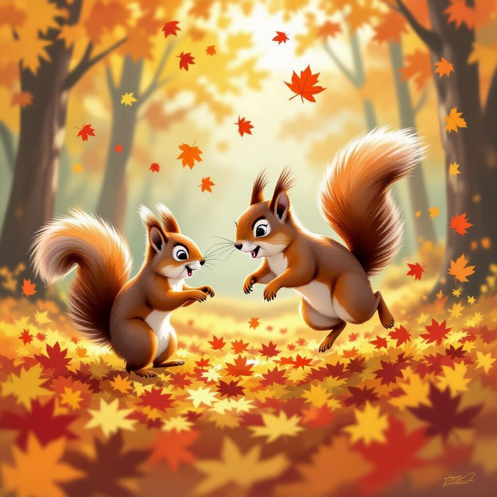 Red Squirrels Leap Through Autumn Leaves in Painterly Style