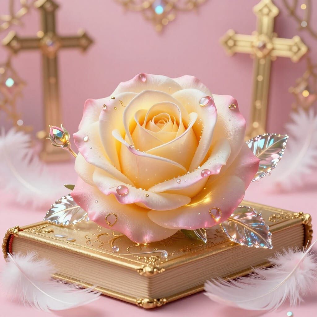 Bioluminescent Amber Rose with Pink Petals on Golden Book
