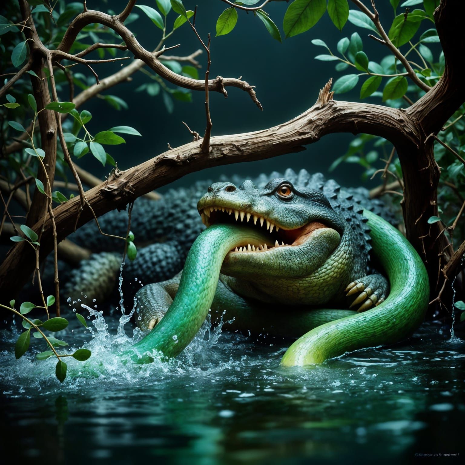 Wild Crocodile Attacks a Green Snake in a Dark Tropical Lake