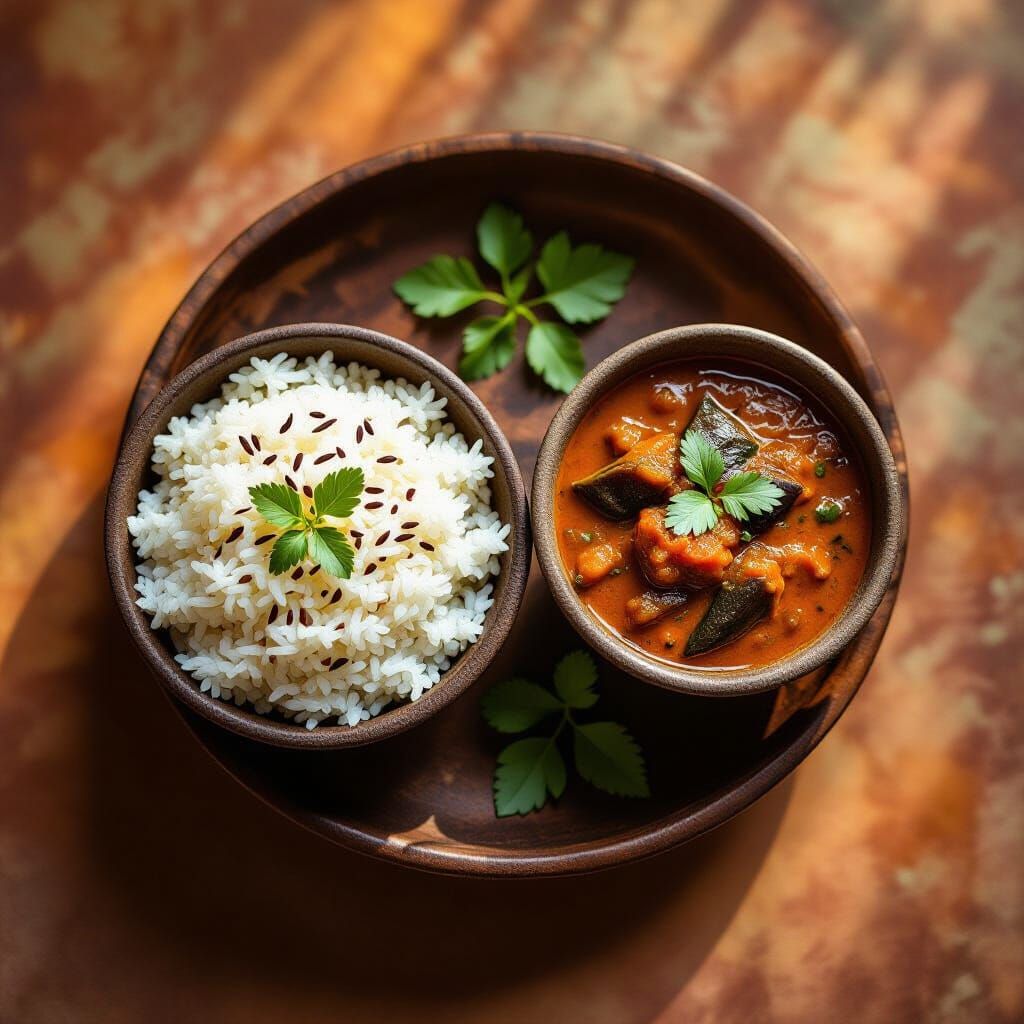 Bagara Rice and Brinjal Masala in Warm Light