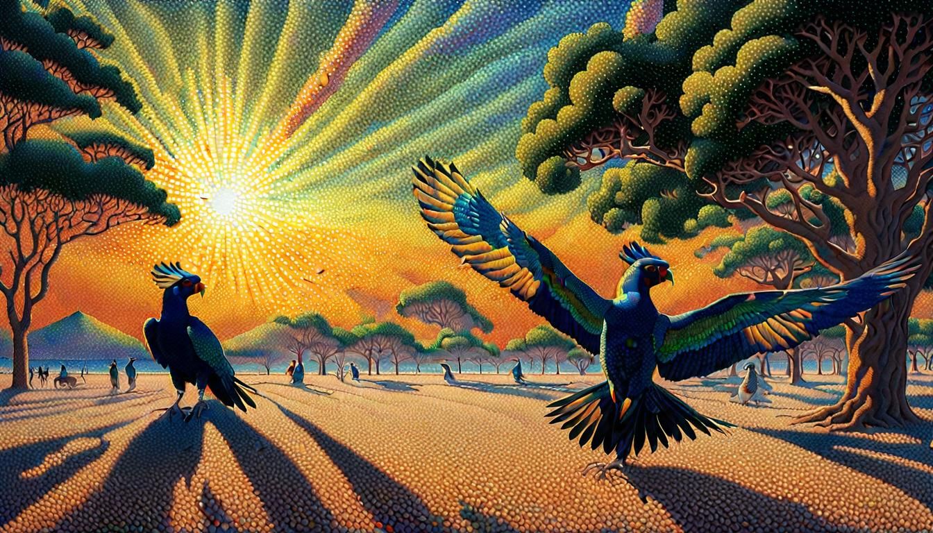 Egyptian Pointillism with Exotic Birds and Golden Light