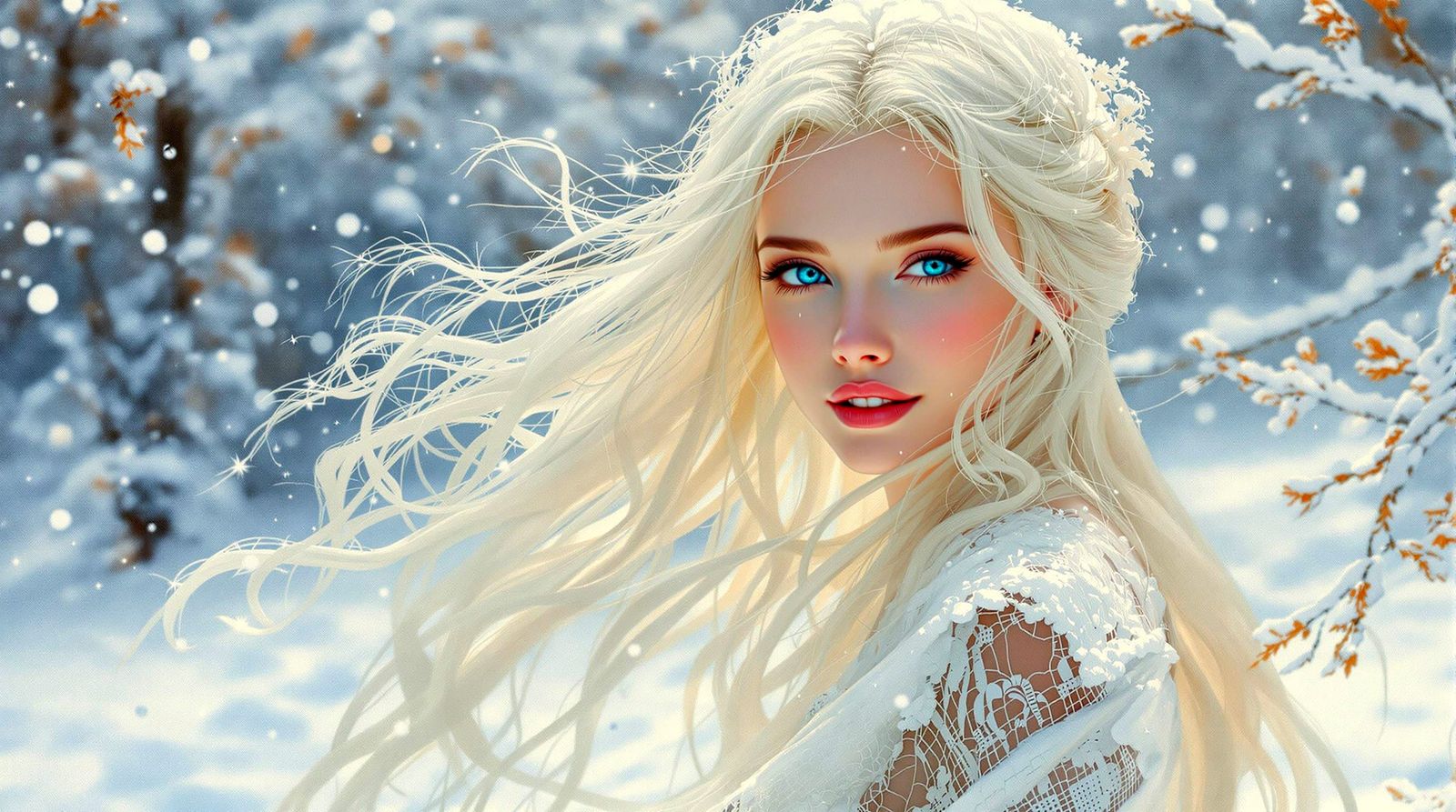 Albino Woman in Snow as Pre-Raphaelite Painting