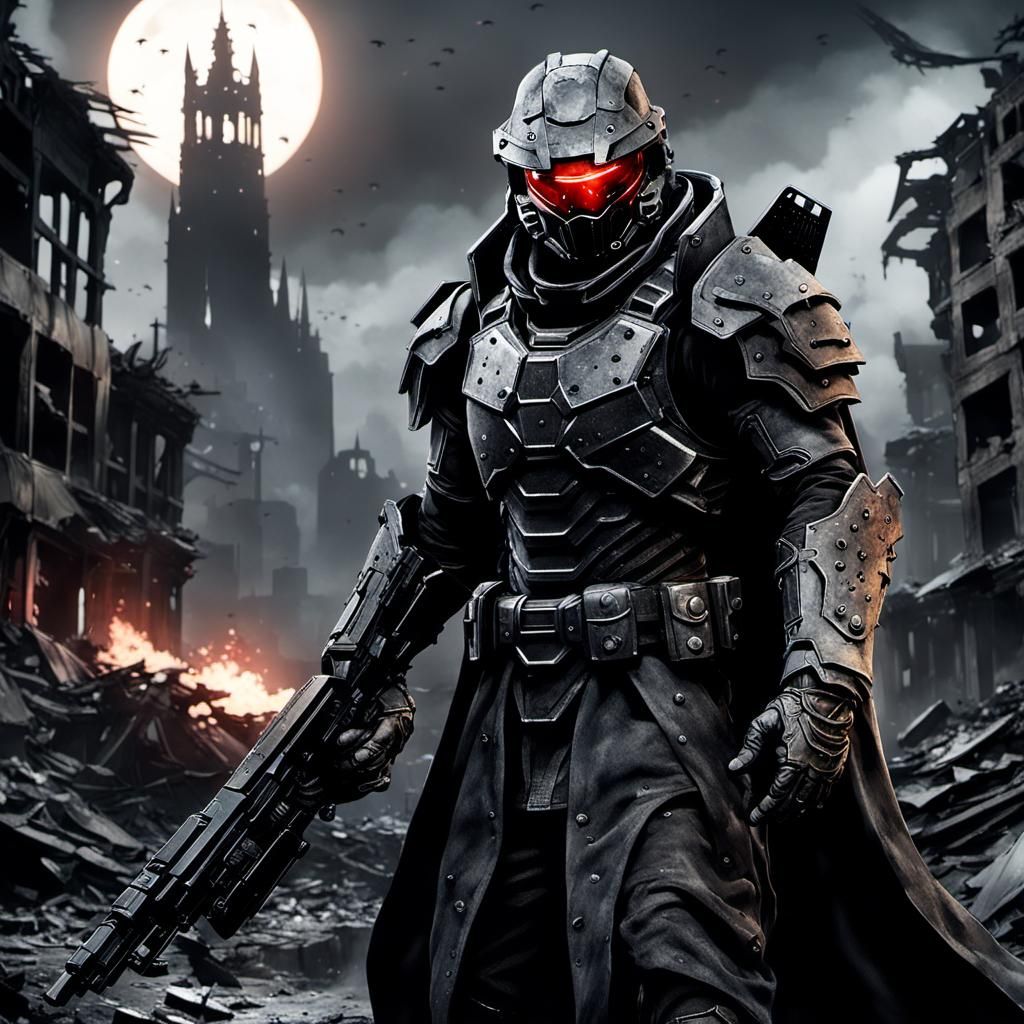 Bloodborne Spartan in Destroyed City with Black Hole