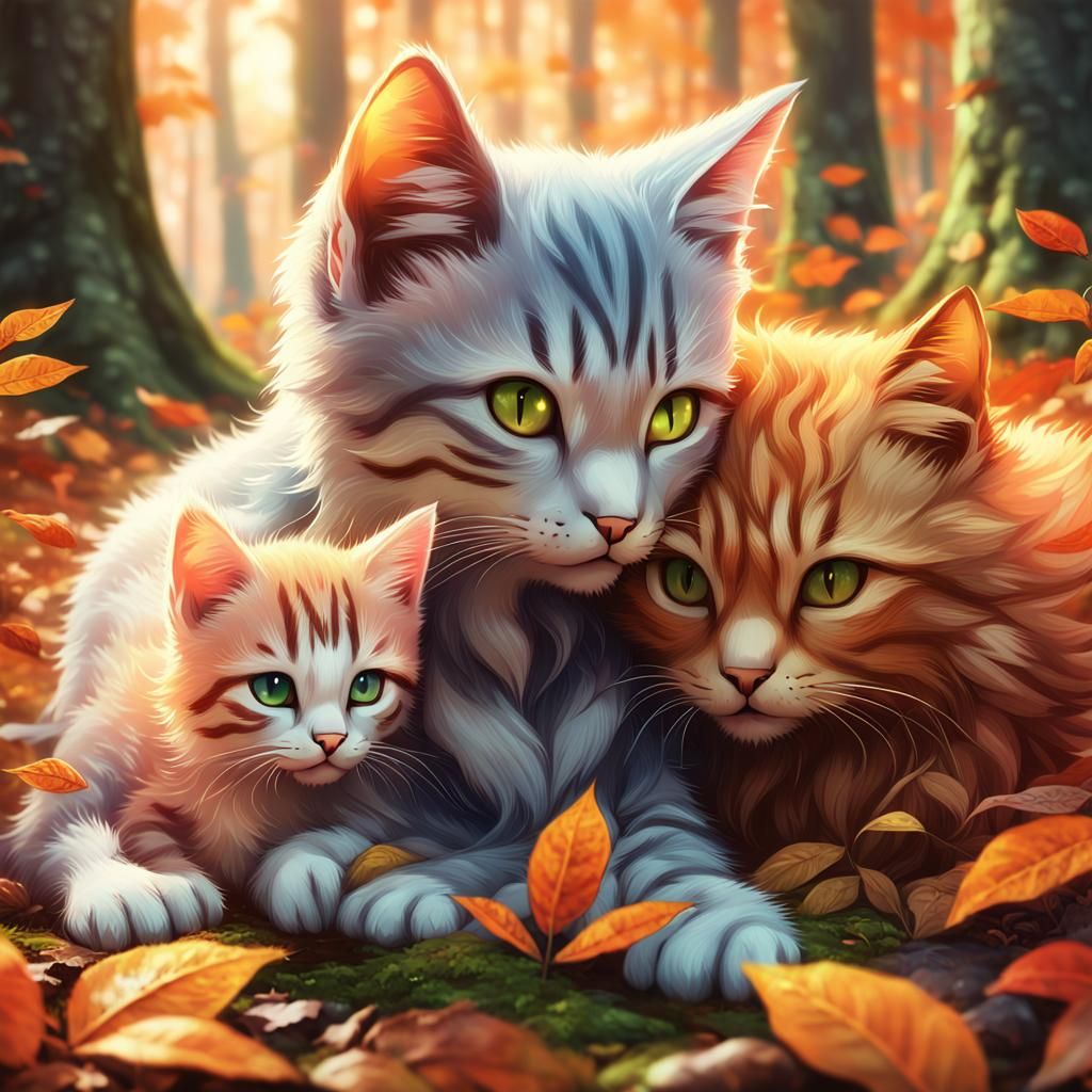 Kitten and Elf Cuddle in Autumn Forest: 3D Anime Art