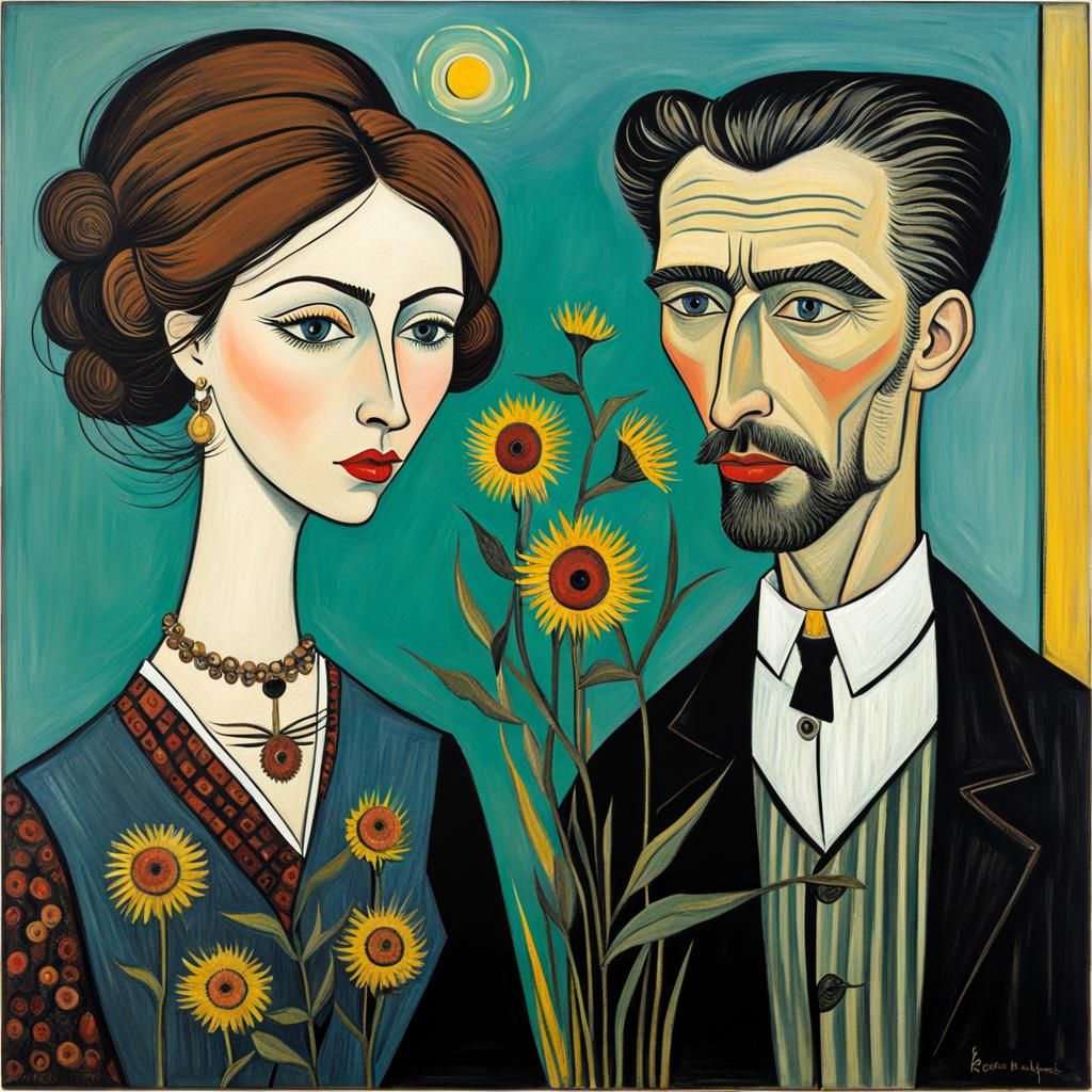 Romantic Couple Portrait in Colorful Naive Style