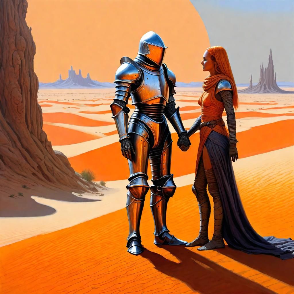 Crusader Knight Meets Alien Maiden as Oil Painting