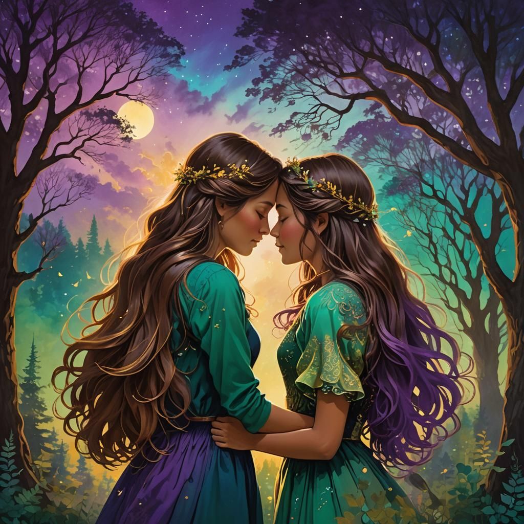 Mother and Daughter Embrace in Fantasy Landscape
