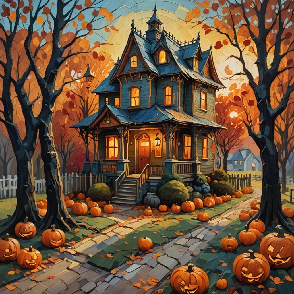 Eerie Autumnal House and Jack-o'-Lanterns as Oil Painting