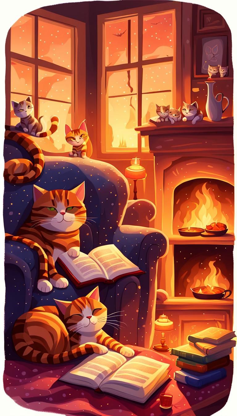 Cozy Cats Lounging in Whimsical Illustration