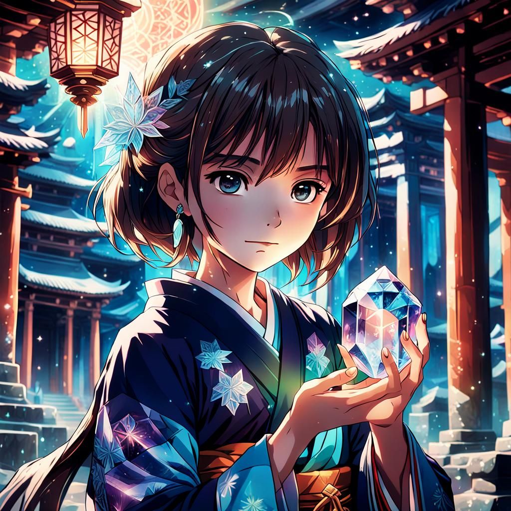 Mysterious Girl with Crystal in Anime Style