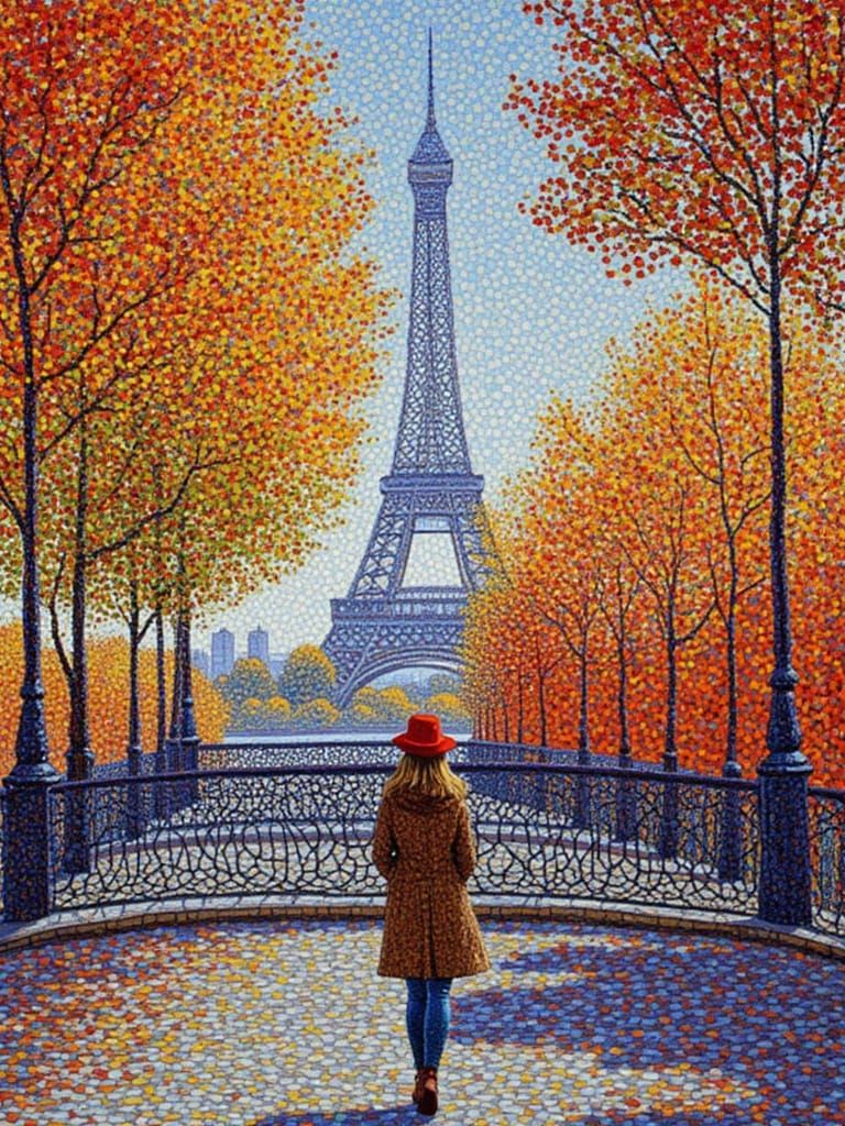 Paris Autumn Scene in Pointillism Style