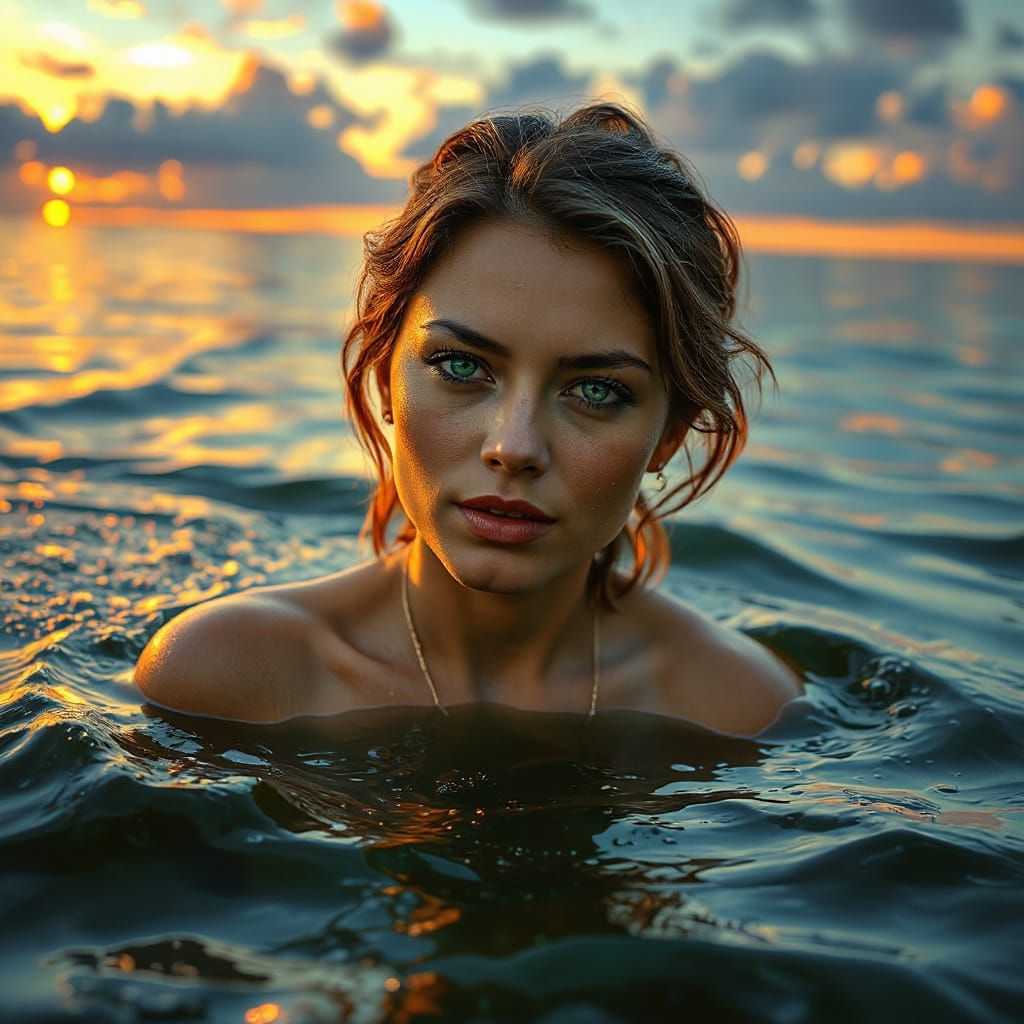 Mysterious Mermaid Emerging from Sunset Ocean